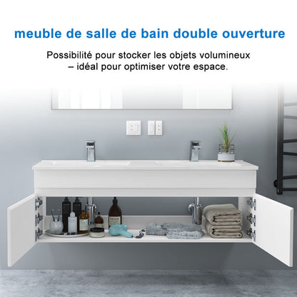 Meuble de salle de bain suspendu deux portes x  double vasques, vasque en céramique.