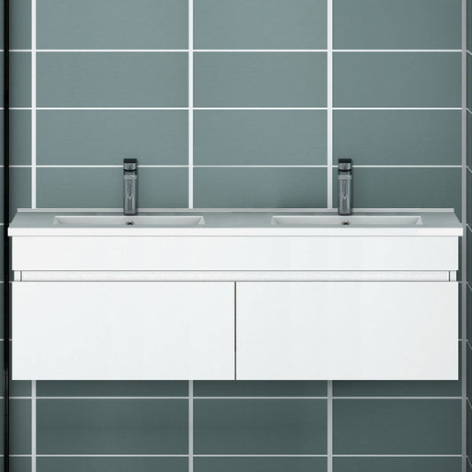 Meuble de salle de bain suspendu deux portes x  double vasques, vasque en céramique.