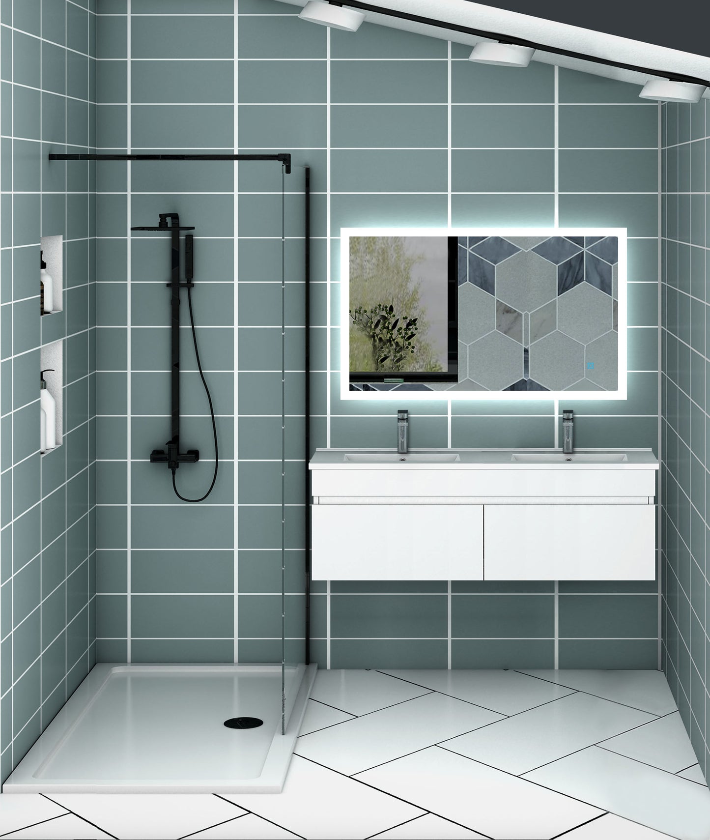 Meuble de salle de bain suspendu deux portes x  double vasques, vasque en céramique.