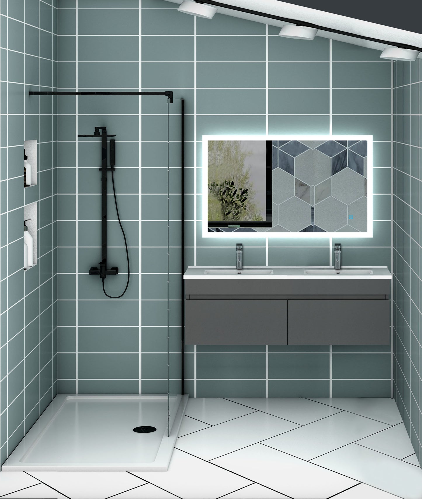 Meuble de salle de bain suspendu deux portes x  double vasques, vasque en céramique.