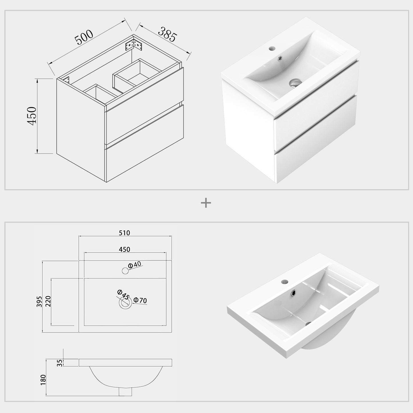 Meuble de salle de bain, sous vasque à suspendre, meuble de rangement MDF à tiroirs avec vasque intégrée, poignée incorporée 50cm 60cm