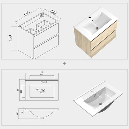 Meuble de salle de bain, sous vasque à suspendre, meuble de rangement MDF à tiroirs avec vasque intégrée, poignée incorporée 50cm 60cm