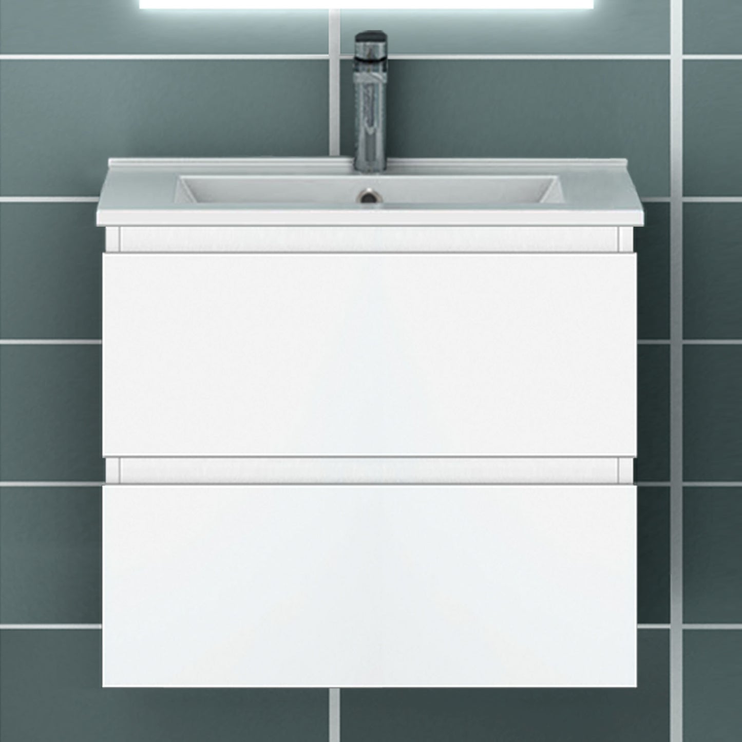 Meuble suspendu avec  2 tirois et vasque en céramique, Meuble couleur blanc mat/ anthracite/ couleur chêne