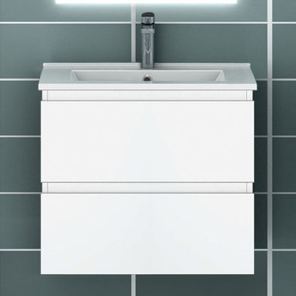 Meuble suspendu avec  2 tirois et vasque en céramique, Meuble couleur blanc mat/ anthracite/ couleur chêne