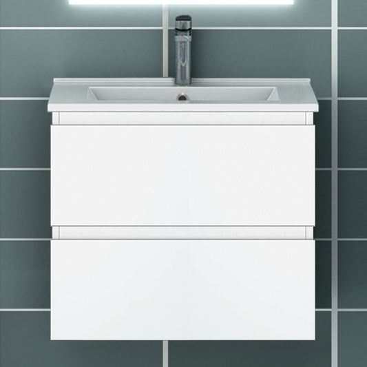 Meuble suspendu avec  2 tirois et vasque en céramique, Meuble couleur blanc mat/ anthracite/ couleur chêne