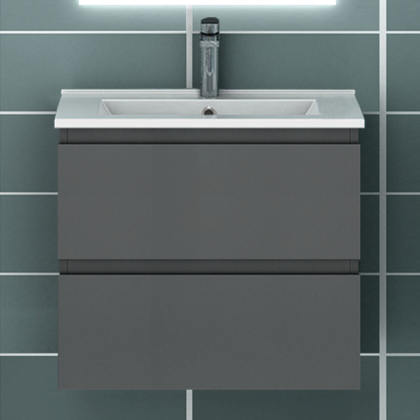 Meuble suspendu avec  2 tirois et vasque en céramique, Meuble couleur blanc mat/ anthracite/ couleur chêne