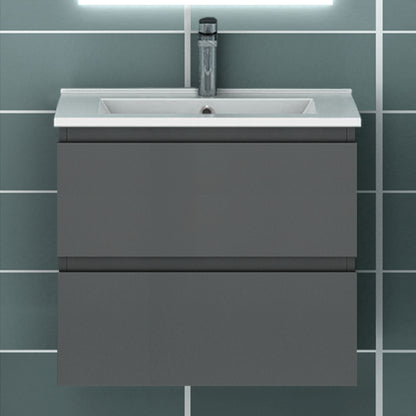Meuble suspendu avec  2 tirois et vasque en céramique, Meuble couleur blanc mat/ anthracite/ couleur chêne