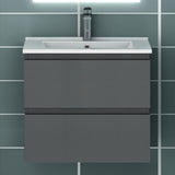 Meuble suspendu avec  2 tirois et vasque en céramique, Meuble couleur blanc mat/ anthracite/ couleur chêne