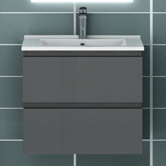 Meuble suspendu avec  2 tirois et vasque en céramique, Meuble couleur blanc mat/ anthracite/ couleur chêne