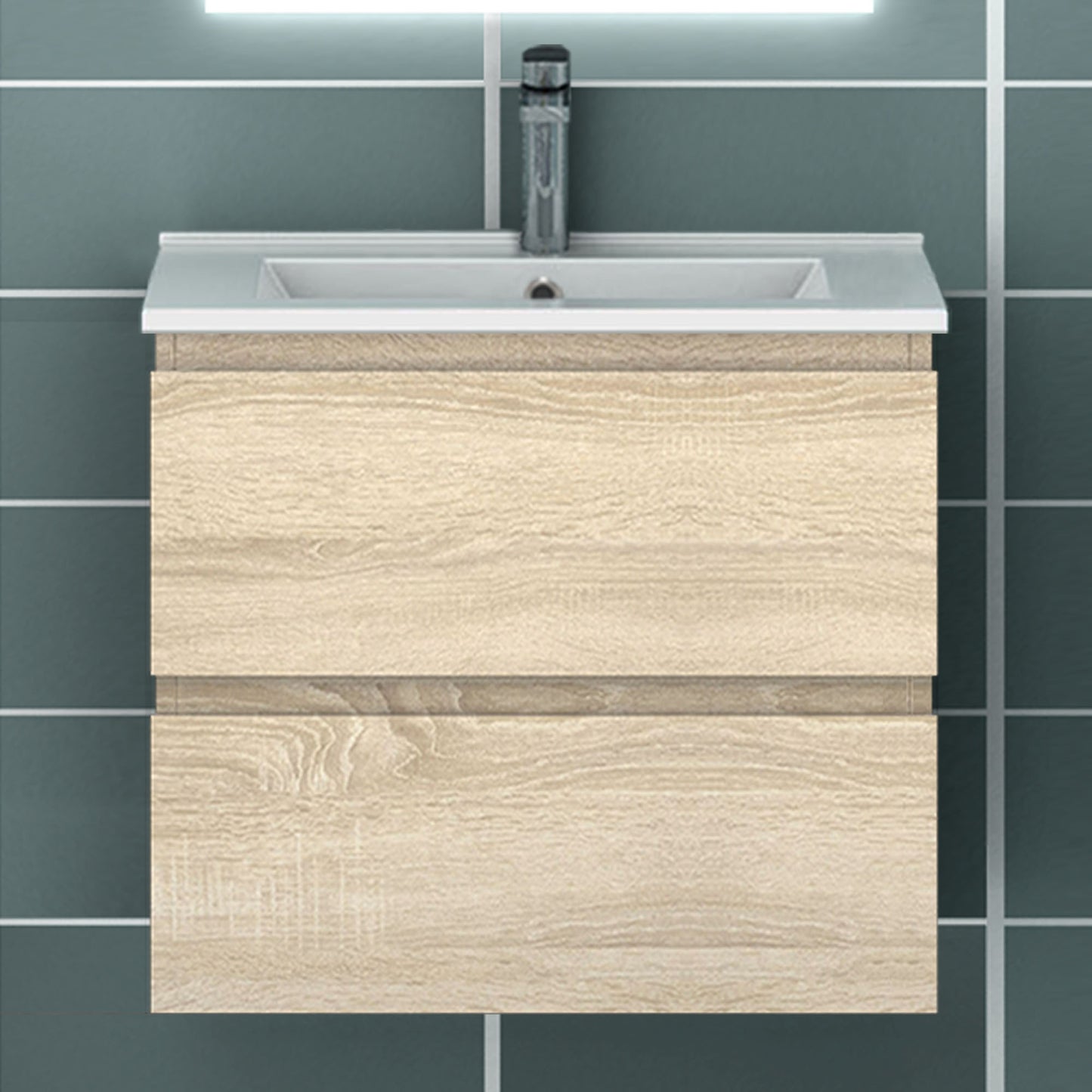 Meuble suspendu avec  2 tirois et vasque en céramique, Meuble couleur blanc mat/ anthracite/ couleur chêne
