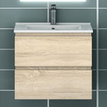 Meuble suspendu avec  2 tirois et vasque en céramique, Meuble couleur blanc mat/ anthracite/ couleur chêne