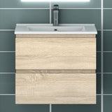 Meuble suspendu avec  2 tirois et vasque en céramique, Meuble couleur blanc mat/ anthracite/ couleur chêne