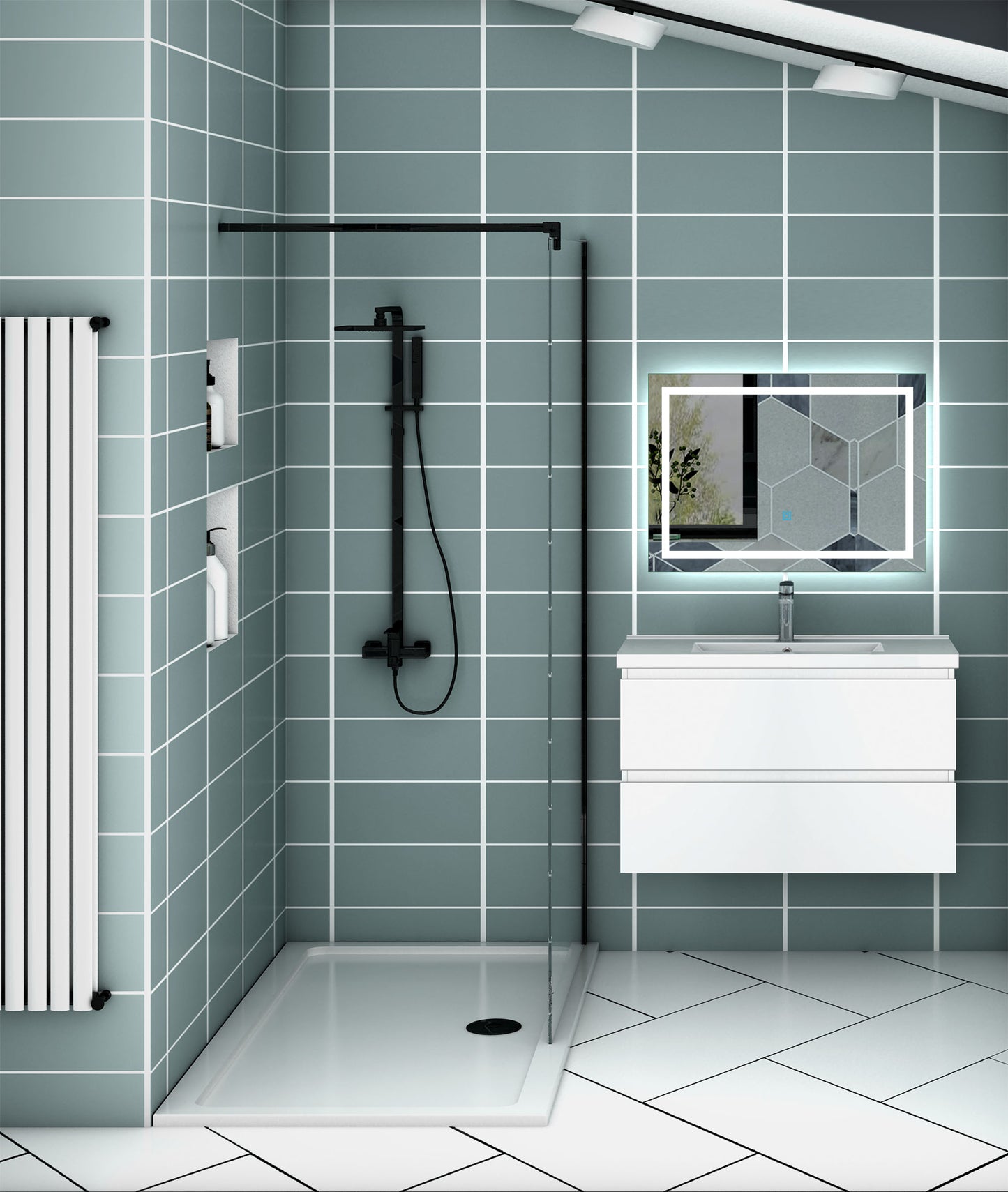 Meuble de salle de bain, Meuble blanc mat/ anthracite/bois clair avec 2 tiroirs & plan vasque en céramique