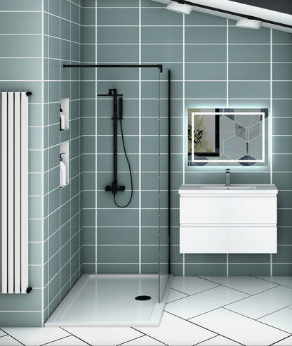 Meuble de salle de bain, Meuble blanc mat/ anthracite/bois clair avec 2 tiroirs & plan vasque en céramique