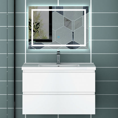 Meuble de salle de bain, Meuble blanc mat/ anthracite/bois clair avec 2 tiroirs & plan vasque en céramique