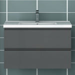 Meuble de salle de bain, Meuble blanc mat/ anthracite/bois clair avec 2 tiroirs & plan vasque en céramique