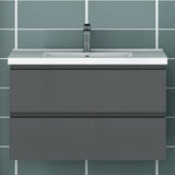 Meuble de salle de bain, Meuble blanc mat/ anthracite/bois clair avec 2 tiroirs & plan vasque en céramique