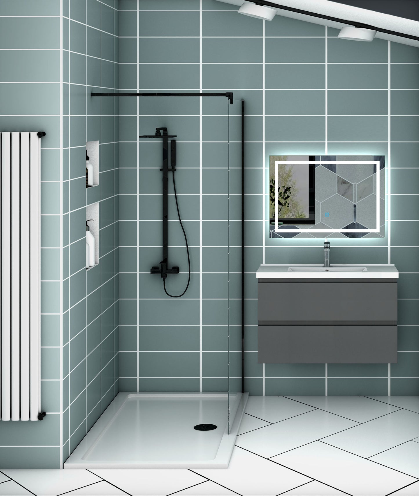 Meuble de salle de bain, Meuble blanc mat/ anthracite/bois clair avec 2 tiroirs & plan vasque en céramique