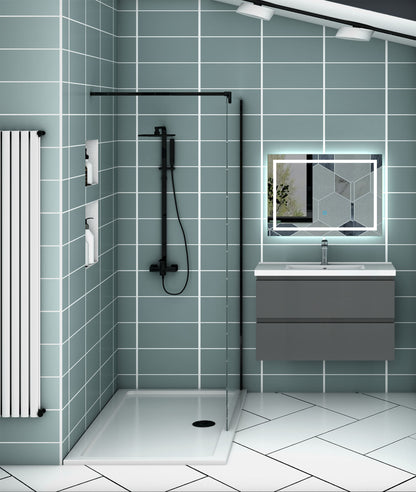 Meuble de salle de bain, Meuble blanc mat/ anthracite/bois clair avec 2 tiroirs & plan vasque en céramique