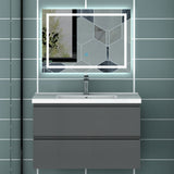 Meuble de salle de bain, Meuble blanc mat/ anthracite/bois clair avec 2 tiroirs & plan vasque en céramique