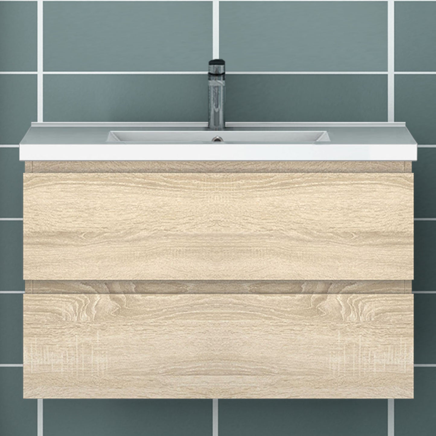 Meuble de salle de bain, Meuble blanc mat/ anthracite/bois clair avec 2 tiroirs & plan vasque en céramique