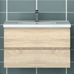 Meuble de salle de bain, Meuble blanc mat/ anthracite/bois clair avec 2 tiroirs & plan vasque en céramique