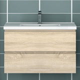 Meuble de salle de bain, Meuble blanc mat/ anthracite/bois clair avec 2 tiroirs & plan vasque en céramique