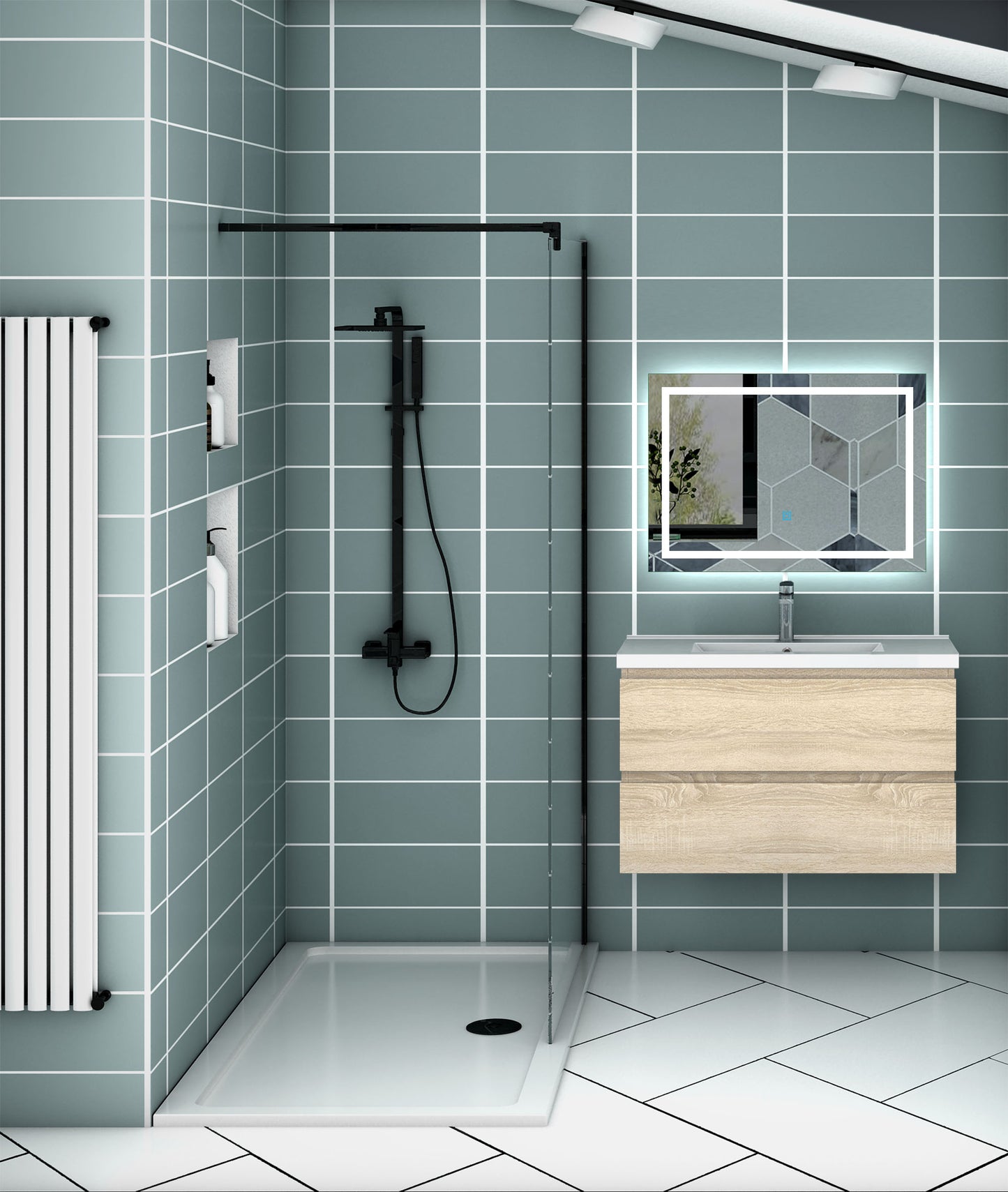 Meuble de salle de bain, Meuble blanc mat/ anthracite/bois clair avec 2 tiroirs & plan vasque en céramique
