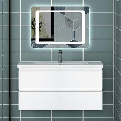 Meuble avec un plan vasque en céramique, Meuble suspendu, couleur blanc/anthracite/bois clair