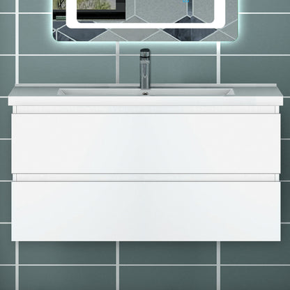 Meuble avec un plan vasque en céramique, Meuble suspendu, couleur blanc/anthracite/bois clair