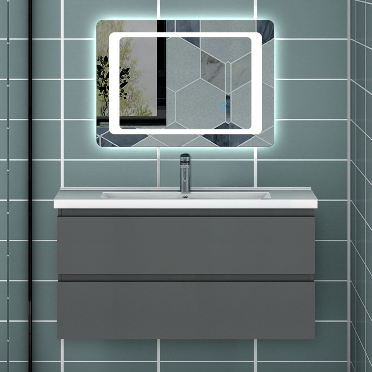 Meuble avec un plan vasque en céramique, Meuble suspendu, couleur blanc/anthracite/bois clair