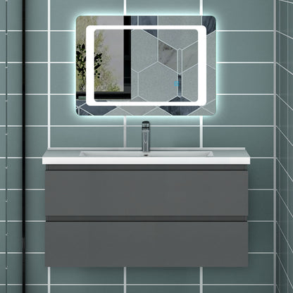 Meuble avec un plan vasque en céramique, Meuble suspendu, couleur blanc/anthracite/bois clair