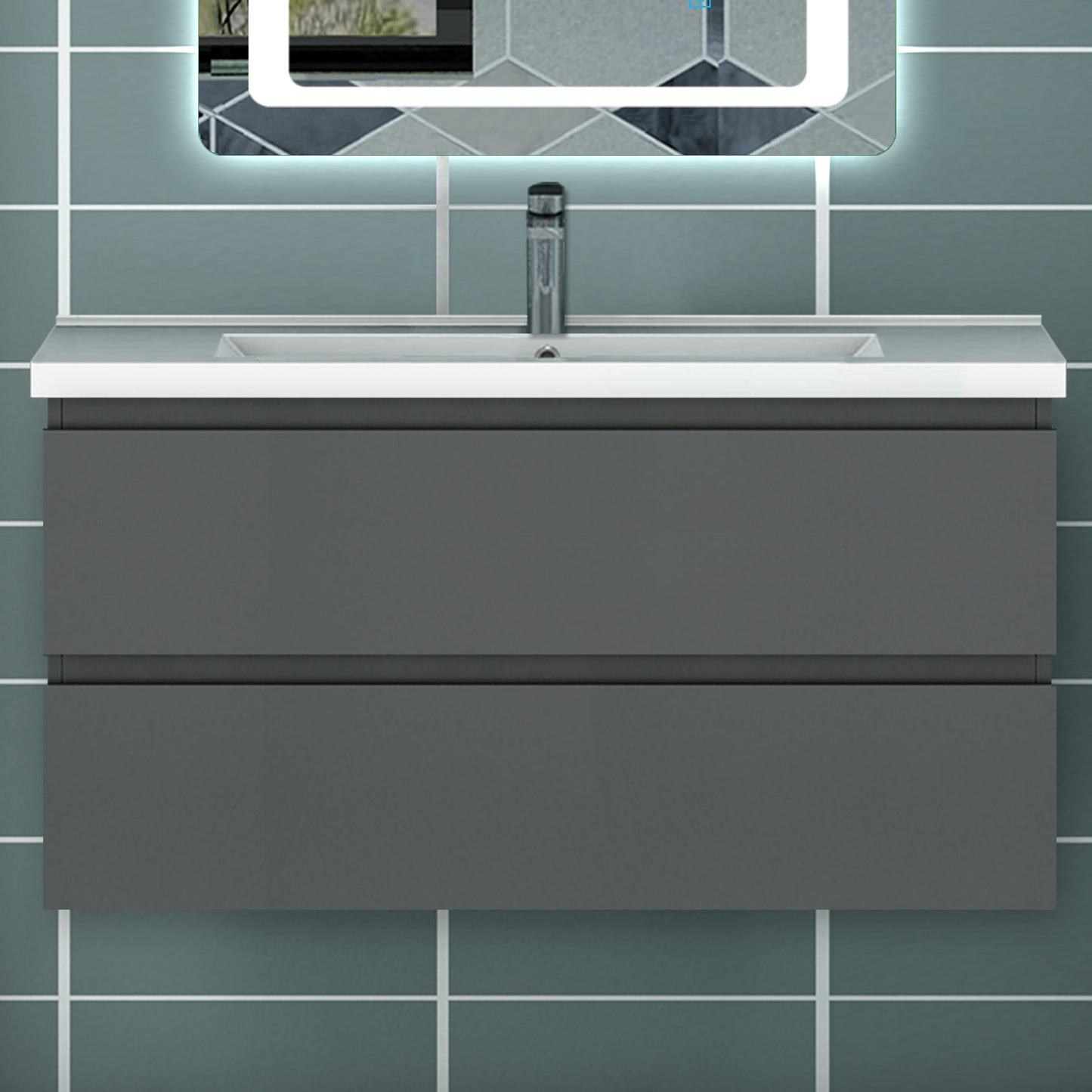 Meuble avec un plan vasque en céramique, Meuble suspendu, couleur blanc/anthracite/bois clair