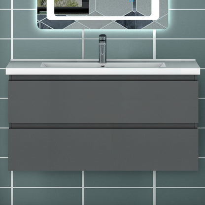 Meuble avec un plan vasque en céramique, Meuble suspendu, couleur blanc/anthracite/bois clair