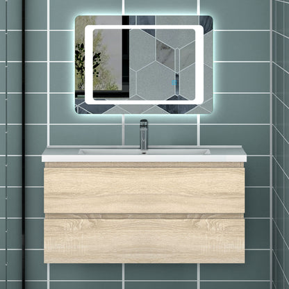 Meuble avec un plan vasque en céramique, Meuble suspendu, couleur blanc/anthracite/bois clair