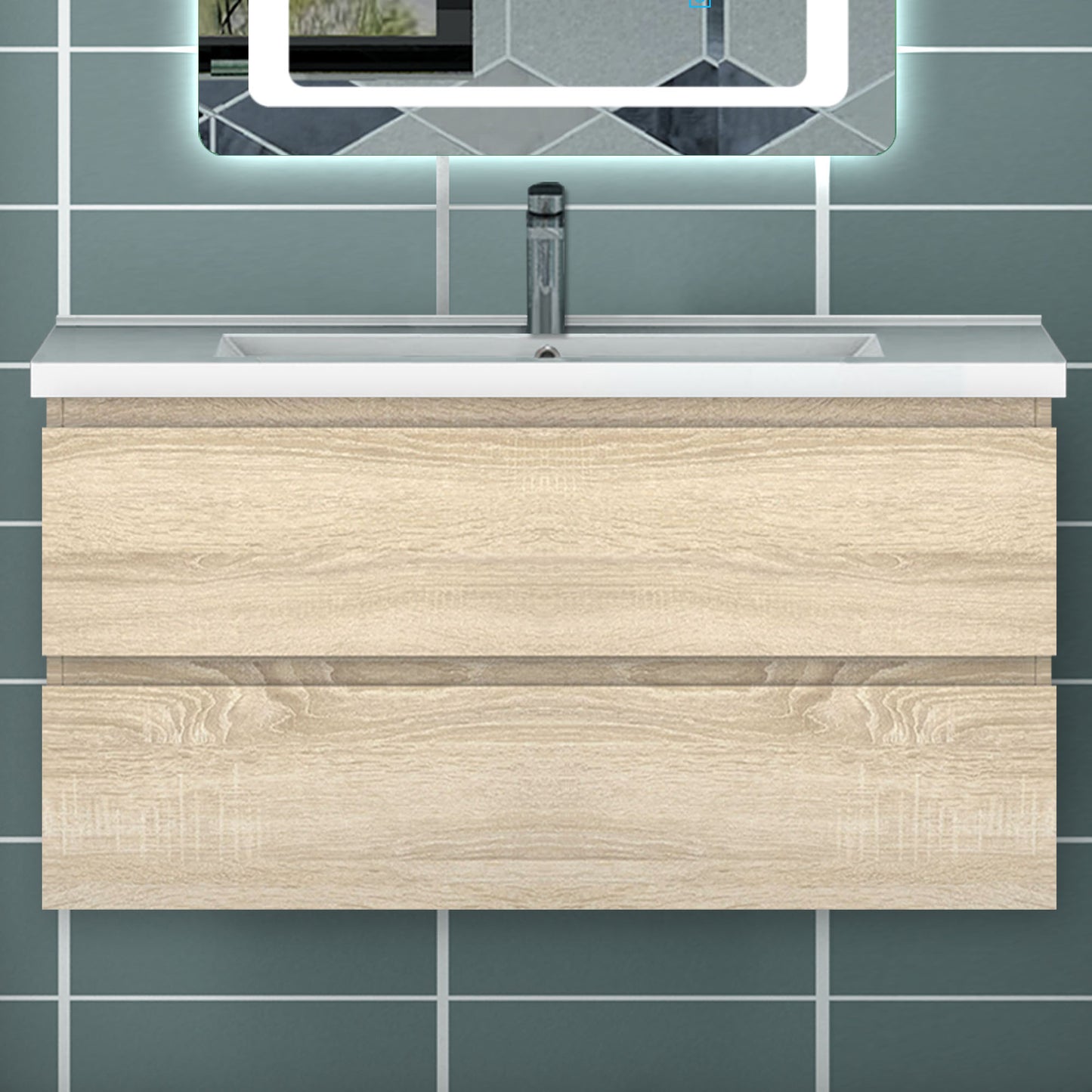 Meuble avec un plan vasque en céramique, Meuble suspendu, couleur blanc/anthracite/bois clair