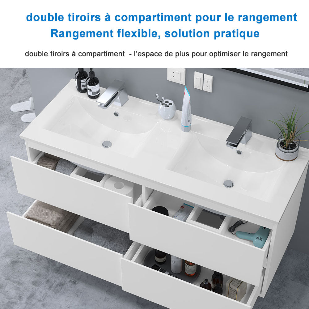 Meuble couleur blanc mat/ anthracite/ bois clair de salle de bain suspend avec 4 titoirs et double vasques (en céramique)