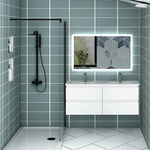 Meuble couleur blanc mat/ anthracite/ bois clair de salle de bain suspend avec 4 titoirs et double vasques (en céramique)