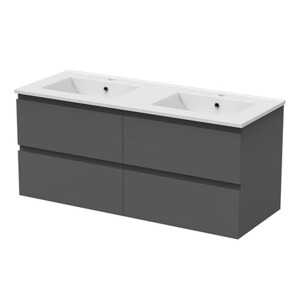 Meuble couleur blanc mat/ anthracite/ bois clair de salle de bain suspend avec 4 titoirs et double vasques (en céramique)