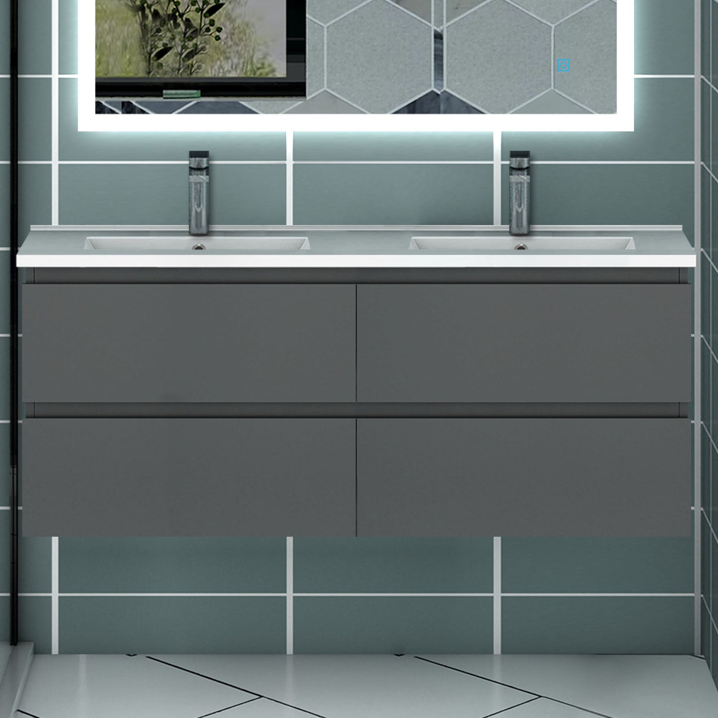 Meuble couleur blanc mat/ anthracite/ bois clair de salle de bain suspend avec 4 titoirs et double vasques (en céramique)