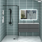 Meuble couleur blanc mat/ anthracite/ bois clair de salle de bain suspend avec 4 titoirs et double vasques (en céramique)