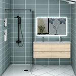 Meuble couleur blanc mat/ anthracite/ bois clair de salle de bain suspend avec 4 titoirs et double vasques (en céramique)