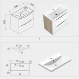 Meuble de salle de bain, sous vasque à suspendre, meuble de rangement MDF à tiroirs avec vasque intégrée, poignée incorporée Blanc et Bois clair 50cm 60cm 80cm