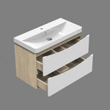 Meuble de salle de bain, sous vasque à suspendre, meuble de rangement MDF à tiroirs avec vasque intégrée, poignée incorporée Blanc et Bois clair 50cm 60cm 80cm