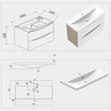 Meuble de salle de bain, sous vasque à suspendre, meuble de rangement MDF à tiroirs avec vasque intégrée, poignée incorporée Blanc et Bois clair 50cm 60cm 80cm