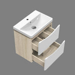 Meuble de salle de bain, sous vasque à suspendre, meuble de rangement MDF à tiroirs avec vasque intégrée, poignée incorporée Blanc et Bois clair 50cm 60cm 80cm