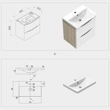 Meuble de salle de bain, sous vasque à suspendre, meuble de rangement MDF à tiroirs avec vasque intégrée, poignée incorporée Blanc et Bois clair 50cm 60cm 80cm