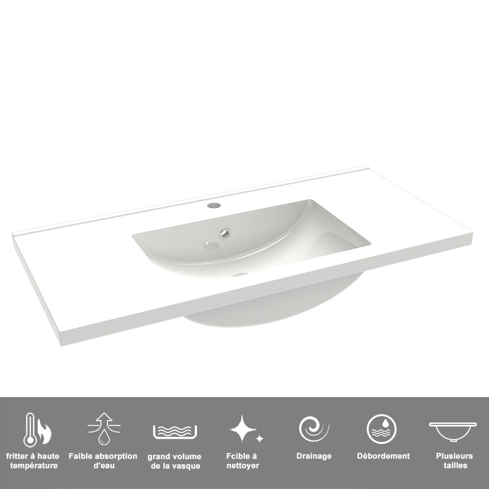 Meuble avec un plan vasque en céramique, Meuble suspendu, couleur blanc/anthracite/bois clair