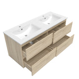Meuble couleur blanc mat/ anthracite/ bois clair de salle de bain suspend avec 4 titoirs et double vasques (en céramique)