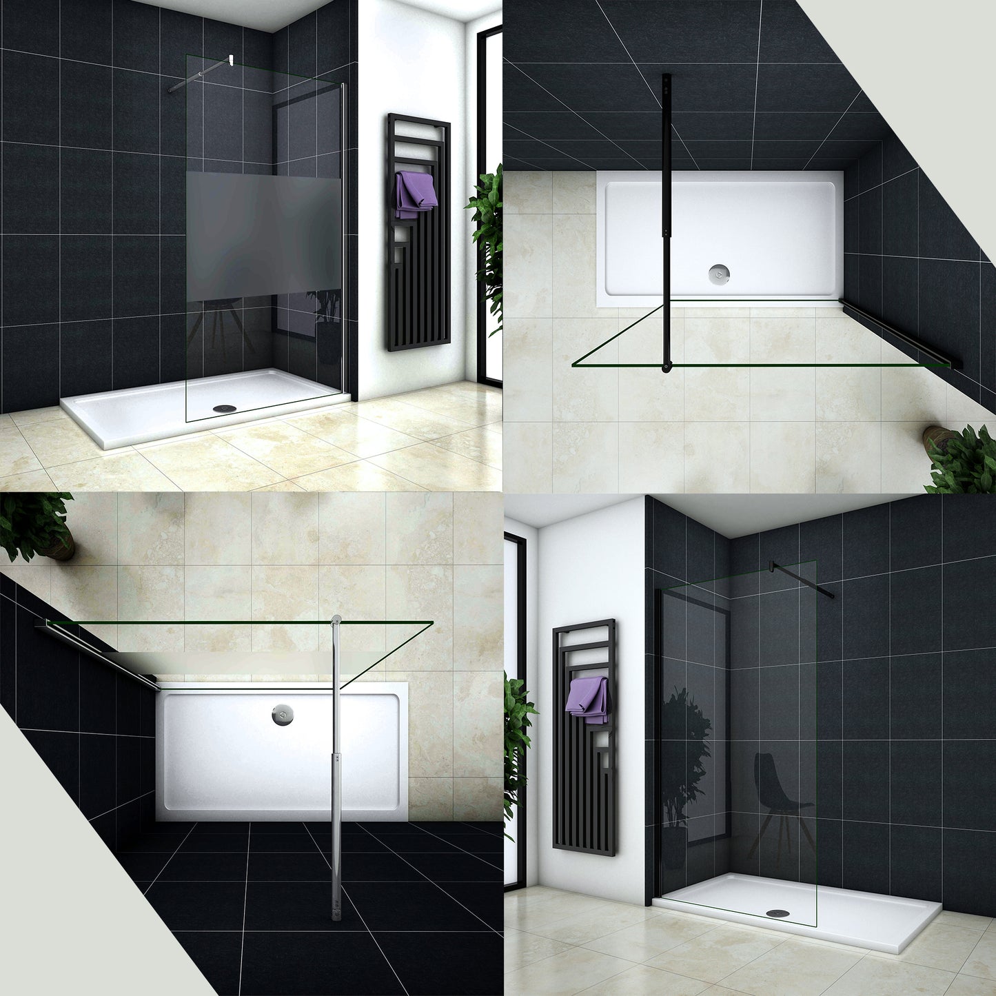 Paroi de douche Chromé / Noire en 8mm verre avec vitrification nano(anticalcaire) livrée avec une barre extensible 70-120cm